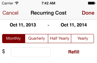 Screenshot of recurring cost entry