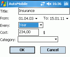 Screenshot of recurring cost entry